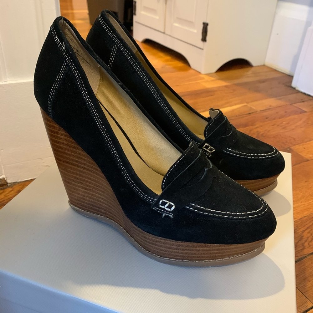Faux Suede Black Loafer Wedges